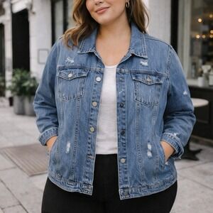 Black Label Distressed Denim Jacket Blue Button Front Plus Size 1XL